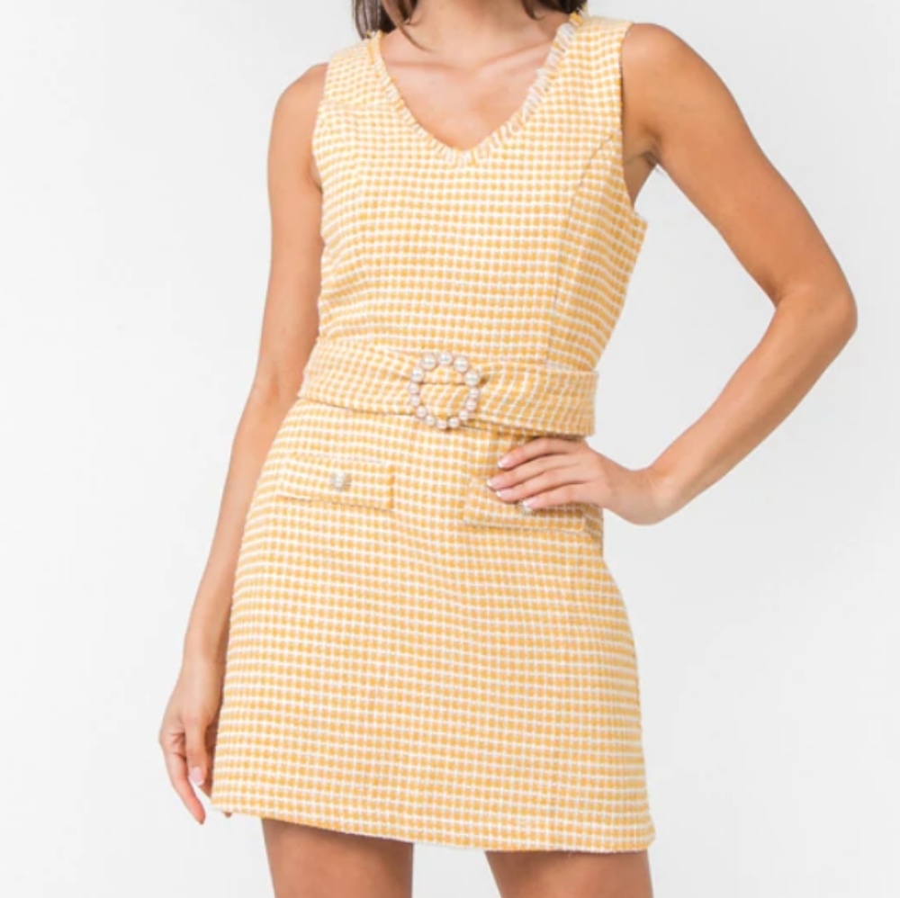 Tweed Anthro Jealous Tomato fringe gingham v-neck belted
